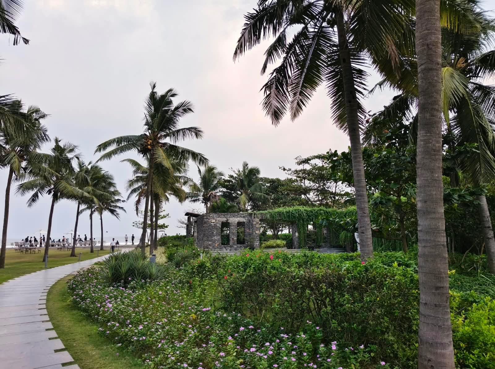 Old stone ruin structure amid palm trees at a coastal resort