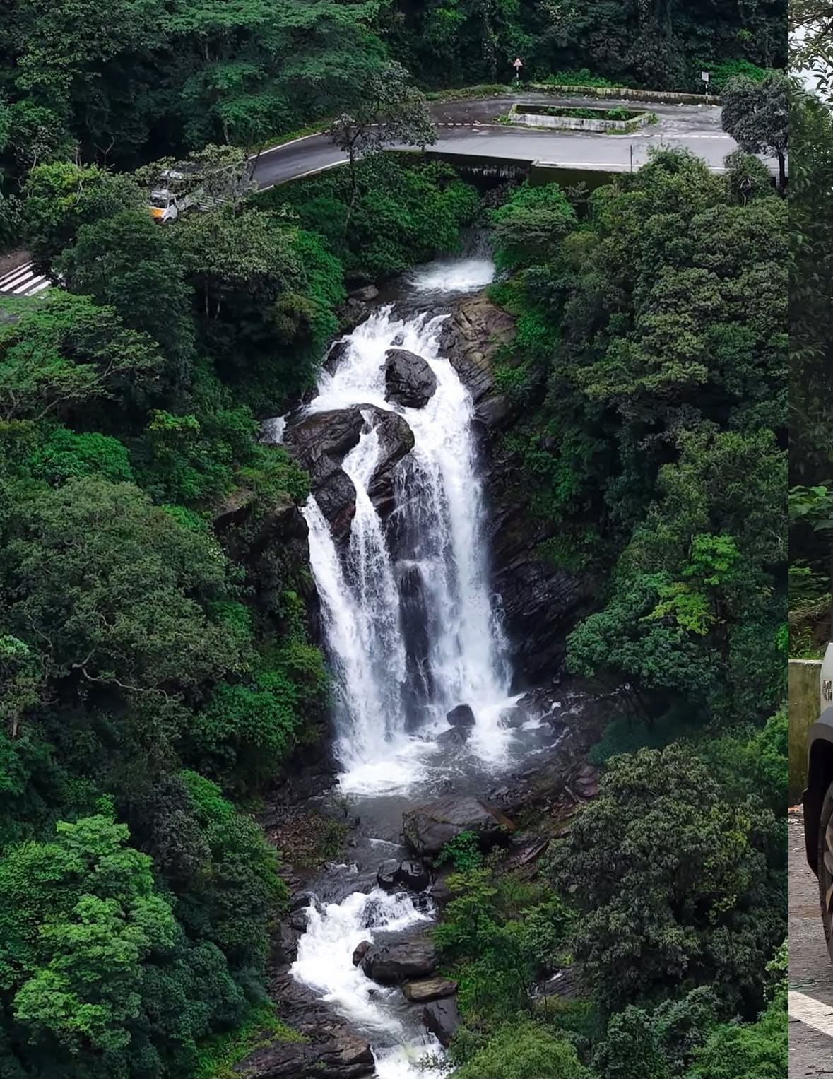 Waterfall cascading through a forested Western Ghats valley
